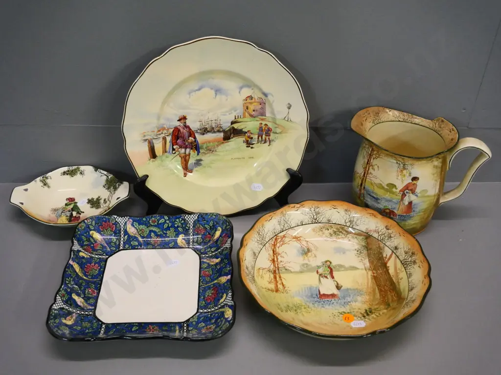 5 pieces Royal Doulton china - Bluebell Gatherers bowl D240 & jug (chip to spout) Gleaners dish, Plymouth plate, etc. Image 1++