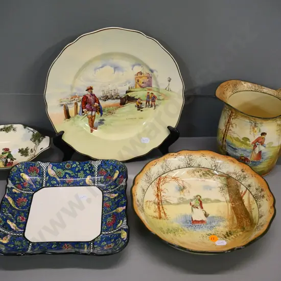 5 pieces Royal Doulton china - Bluebell Gatherers bowl D240 & jug (chip to spout) Gleaners dish, Plymouth plate, etc.