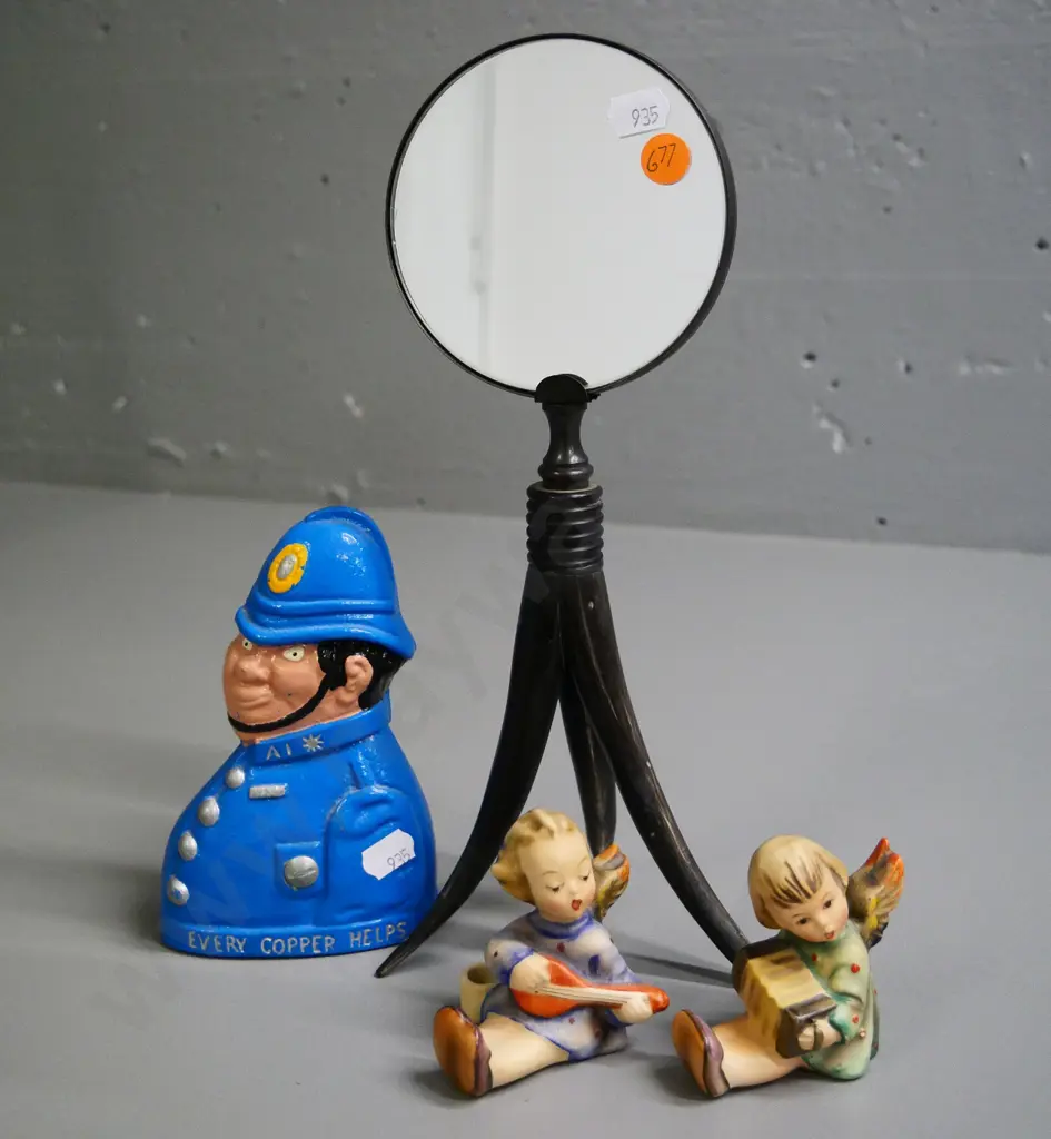 small tabletop mirror with 3 horn legs H-290, 2 small Goebel angel candle holders, reproduction cast metal money box Image 1++