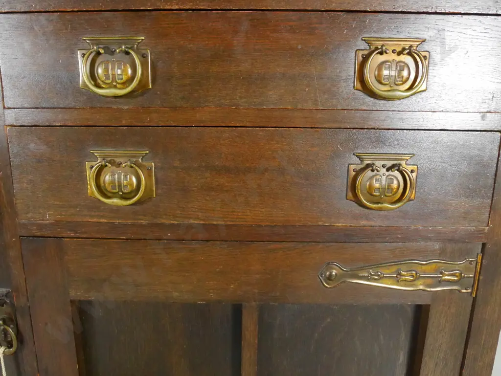arts & craft oak sideboard with shelved upstand, 2 lined drawers, 2 doors, brass handles & strap hinges H1530 W1670 D530 Image 1++