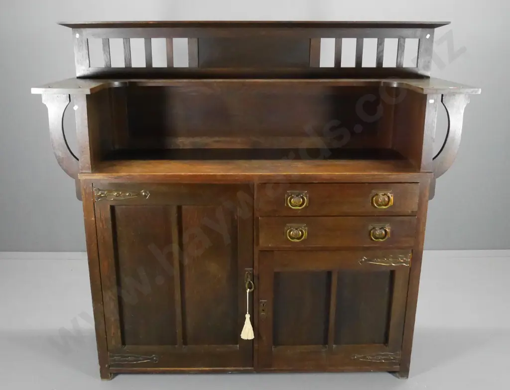 arts & craft oak sideboard with shelved upstand, 2 lined drawers, 2 doors, brass handles & strap hinges H1530 W1670 D530 Image 1++