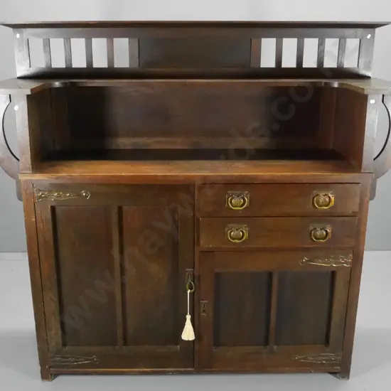 arts & craft oak sideboard with shelved upstand, 2 lined drawers, 2 doors, brass handles & strap hinges H1530 W1670 D530