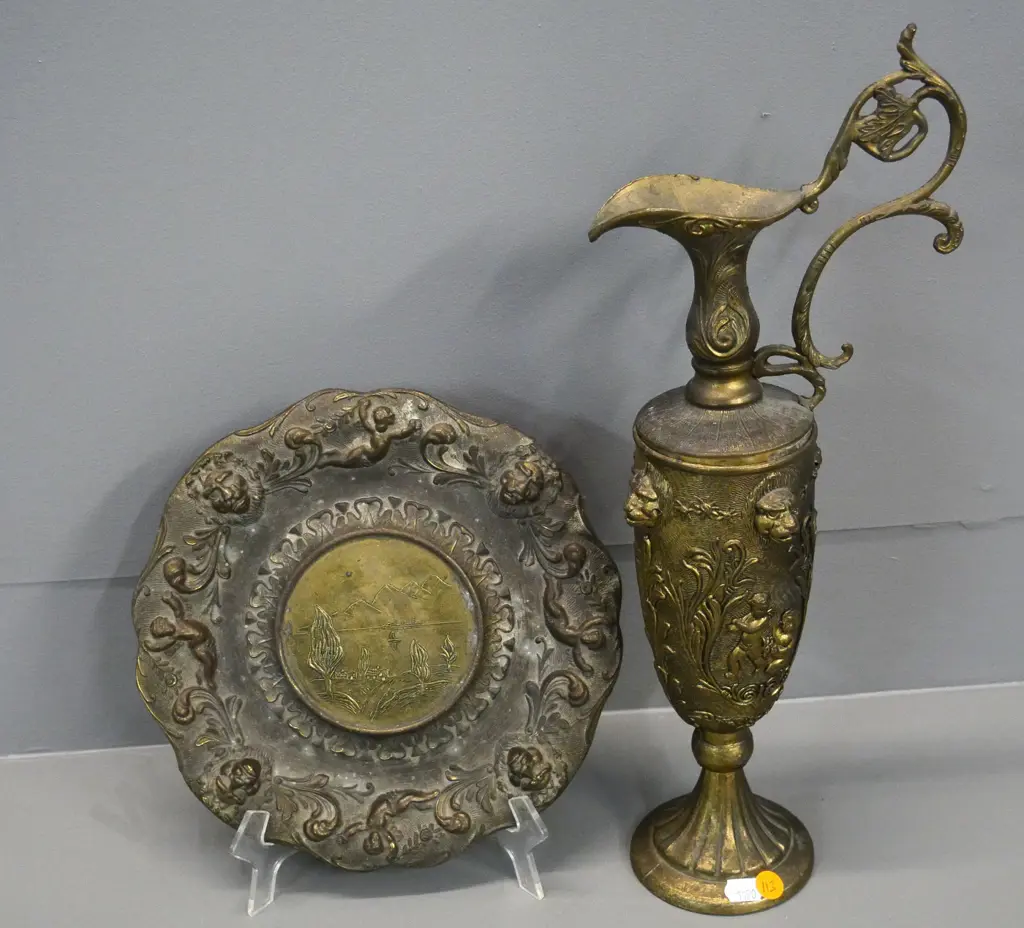 ornate Italian cast brass ewer jug and plate H-400 Image 1++