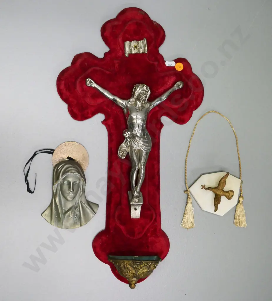 metal crucifix font on velvet covered wood backing (crack to wood) H-460, metal dove on marble back, cast metal Madonna Image 1++