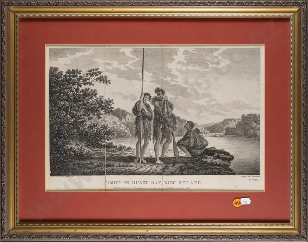 framed reproduction engraving - Family in Dusky Bay, New Zeland H-230 W-350 Image 1++