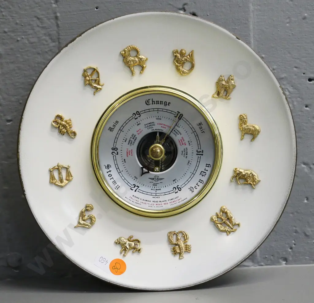 brass and enamel zodiac-theme wall barometer - marked S.B. Made in England, some wear to finish. Diameter 220 Image 1++