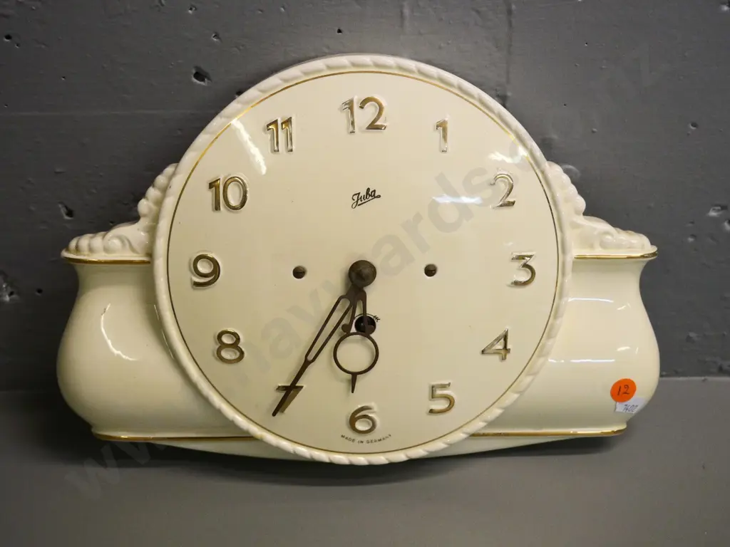 Juba German porcelain wall clock with key - wear to some gilt finish on numbers H-230 W-320 Image 1++
