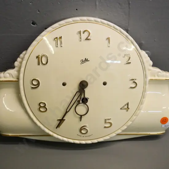 Juba German porcelain wall clock with key - wear to some gilt finish on numbers H-230 W-320