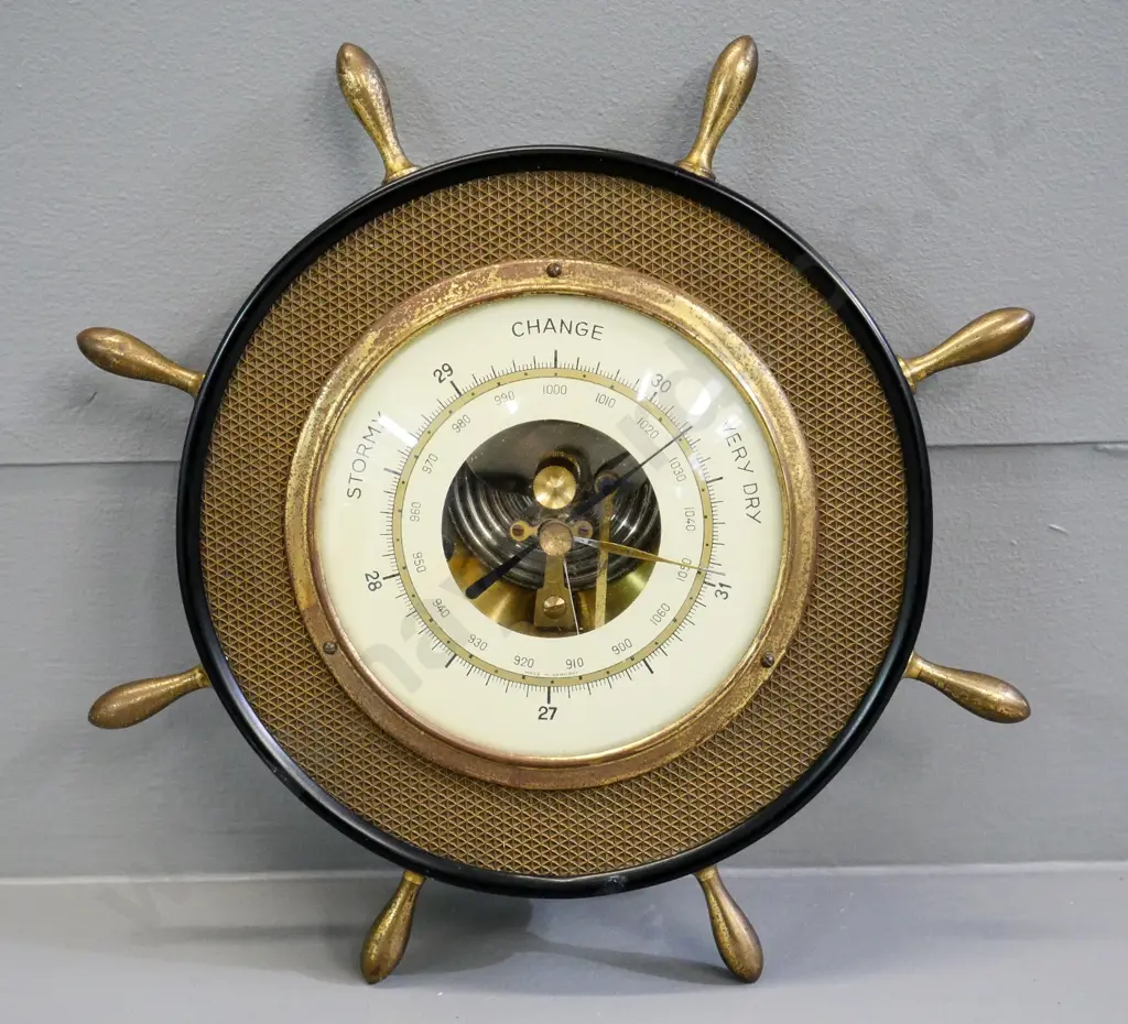 retro German bakelite and brass cased ship's wheel wall barometer - some pitting to front facing. W-220 Image 1++