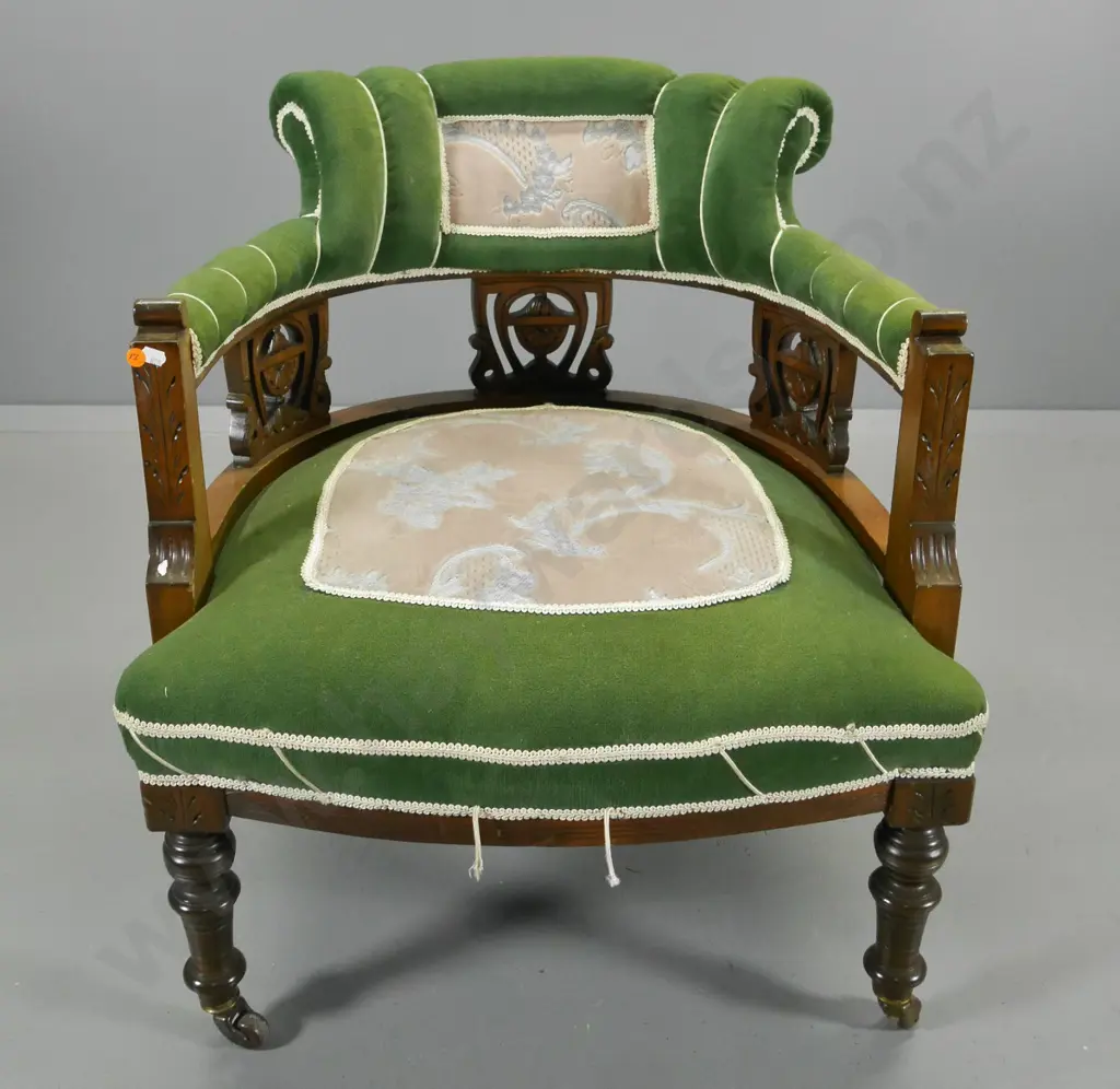 Edwardian tub chair with carved & fretted panels, on casters, some fading to velvet, loose trim H700 W620 D600 Image 1++