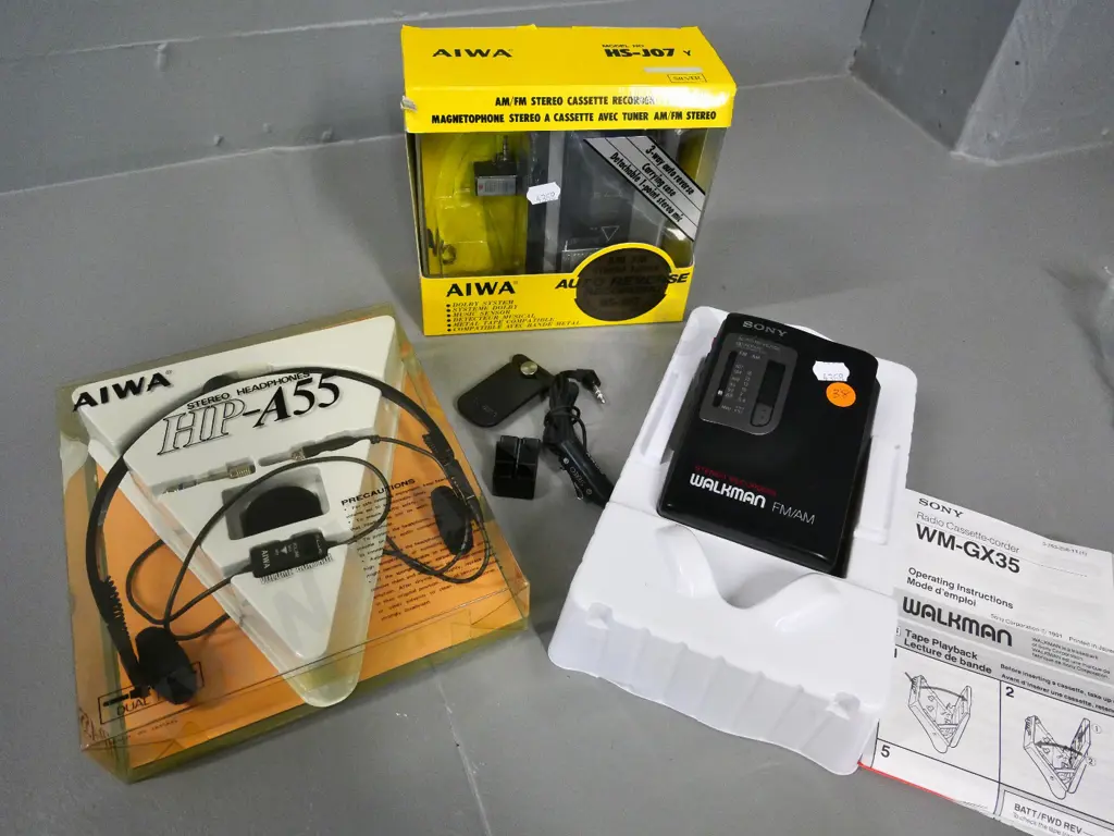 retro Sony Walkman GX35  and Aiwa HS-J07 cassette recorders, pair of Aiwa headphones, accessories Image 1++