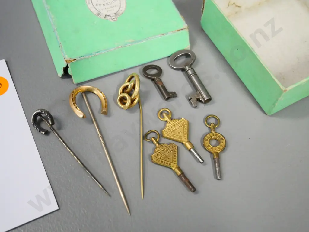 pocket watch and other keys, unmarked gold tie pins - 2 watch keys are GT Young Dunedin, Timaru etc. Image 1++
