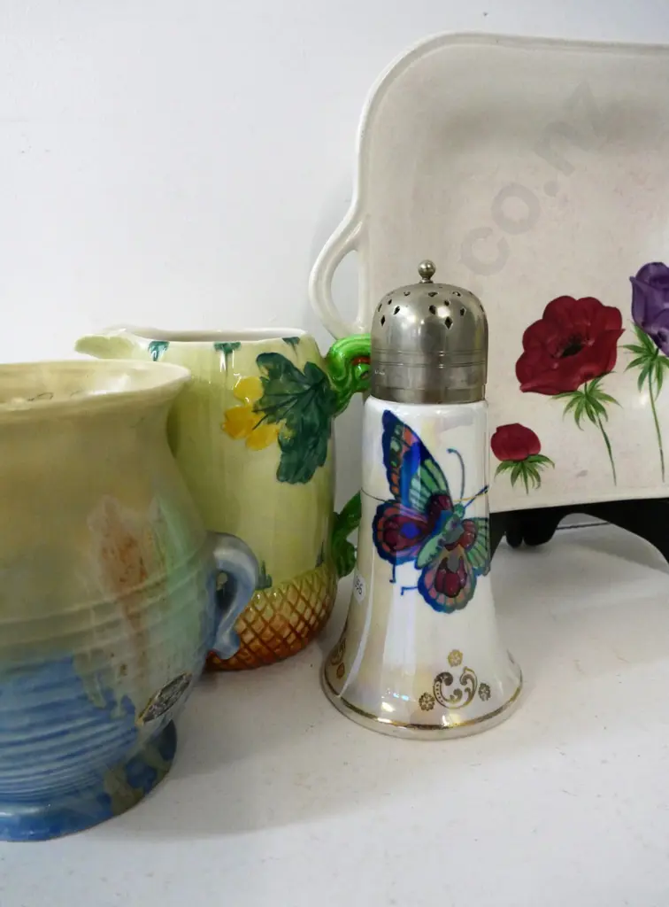 Crown Devon handled vase H200, Beswick vase, Burleigh jug, butterfly motif caster shaker, Radfords dish, etc. Image 1++