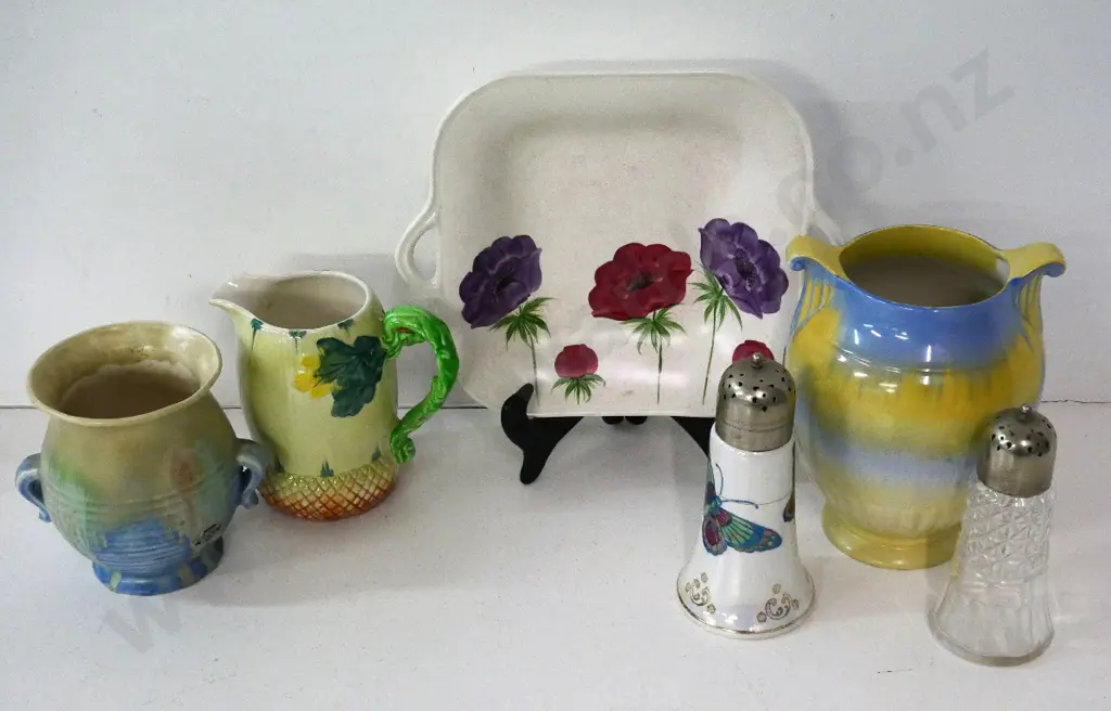 Crown Devon handled vase H200, Beswick vase, Burleigh jug, butterfly motif caster shaker, Radfords dish, etc. Image 1++