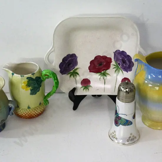 Crown Devon handled vase H200, Beswick vase, Burleigh jug, butterfly motif caster shaker, Radfords dish, etc.