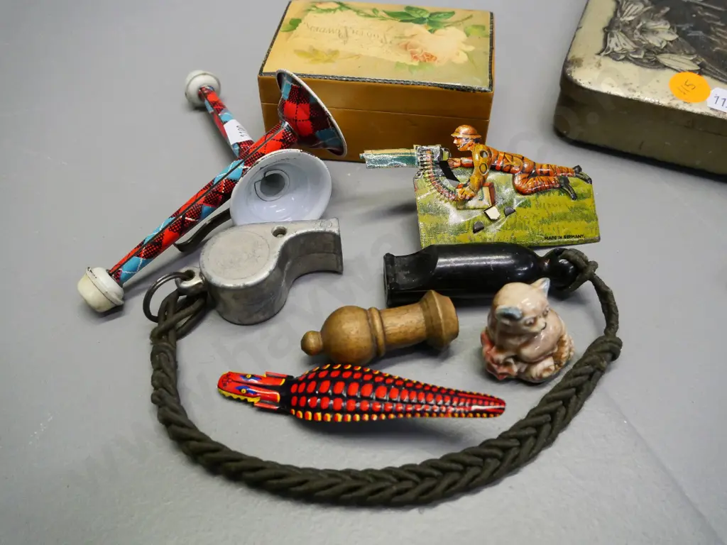 assorted small vintage items - spectacles, glass figurine, lady's leather gloves, nail file, vintage toys, whistles etc Image 1++