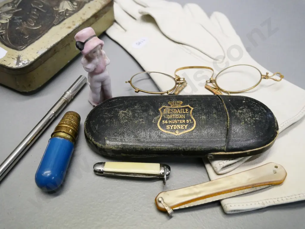 assorted small vintage items - spectacles, glass figurine, lady's leather gloves, nail file, vintage toys, whistles etc Image 1++