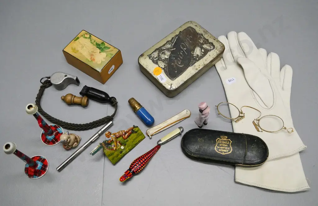 assorted small vintage items - spectacles, glass figurine, lady's leather gloves, nail file, vintage toys, whistles etc Image 1++