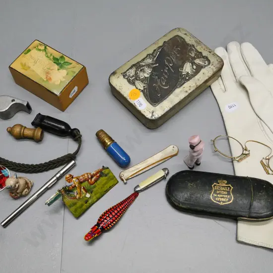 assorted small vintage items - spectacles, glass figurine, lady's leather gloves, nail file, vintage toys, whistles etc