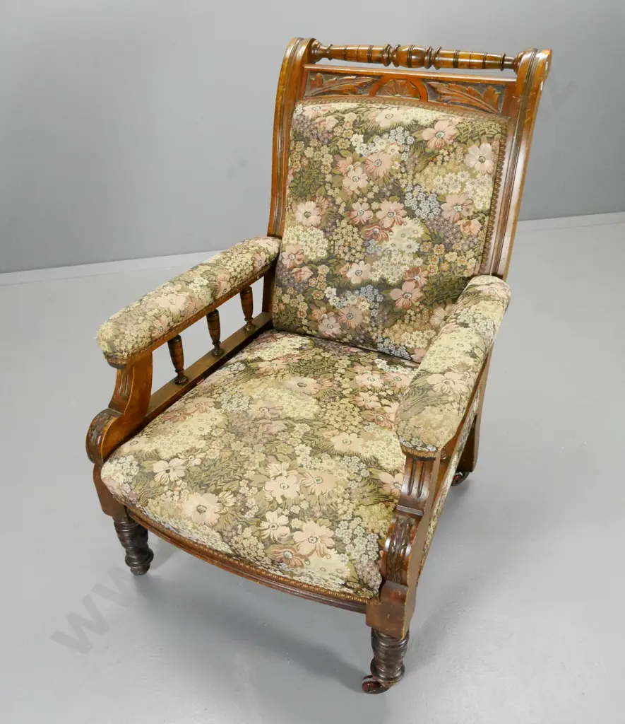 Edwardian armchair w/carved & turned back, spindle sides, porcelain casters, some fading to tapestry H990 W6470 D800 Image 1++