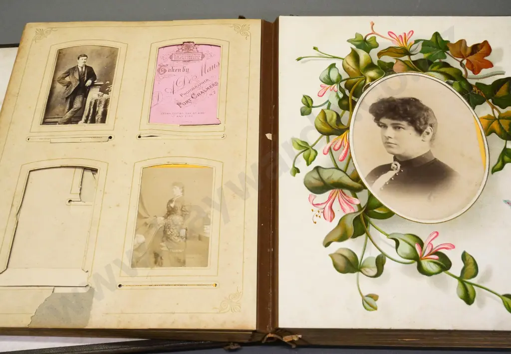 antique photo album in very poor condition, with 15 early photos - De Maus, Port Chalmers, Invercargill, Waimate Image 1++
