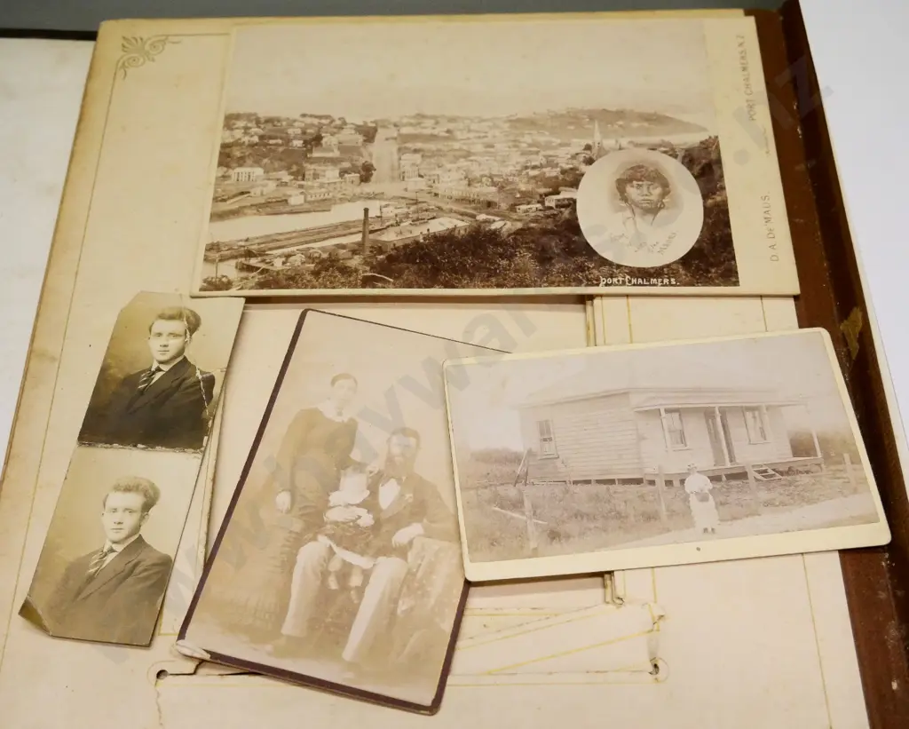 antique photo album in very poor condition, with 15 early photos - De Maus, Port Chalmers, Invercargill, Waimate Image 1++