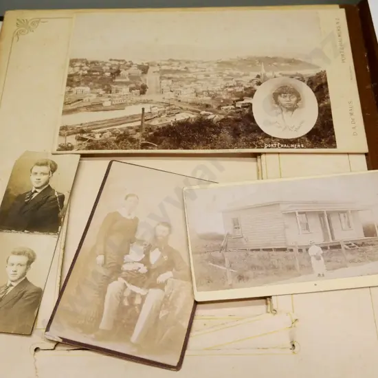 antique photo album in very poor condition, with 15 early photos - De Maus, Port Chalmers, Invercargill, Waimate