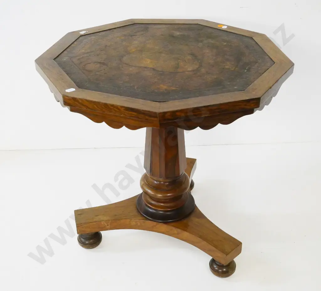 oak octagonal column base occasional table with ball feet - stains to tooled leather inset top. H-495 Diameter 510 Image 1++