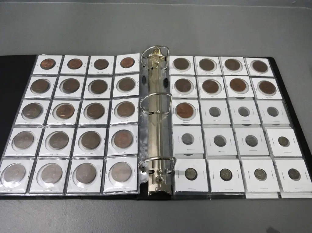 coin collectors album with 5 mostly full sheets of New Zealand pre-decimal coins Image 1++