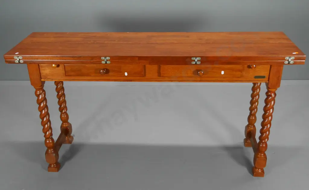 hardwood utility table with hinged 3-fold top with 2 drawers, twist column supports H-770 L1500 W400 closed 800 opened Image 1++