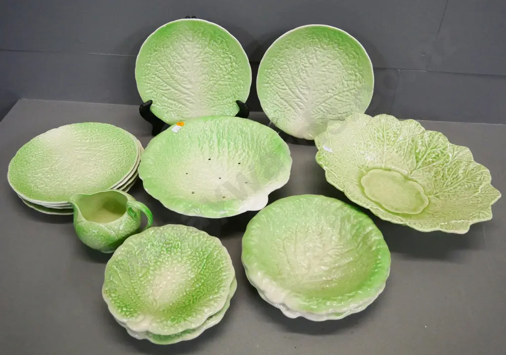 English green glaze salad ware: Melba, Royal Winton, includes drainer bowl, creamer, etc - chip to one dish Image 1++