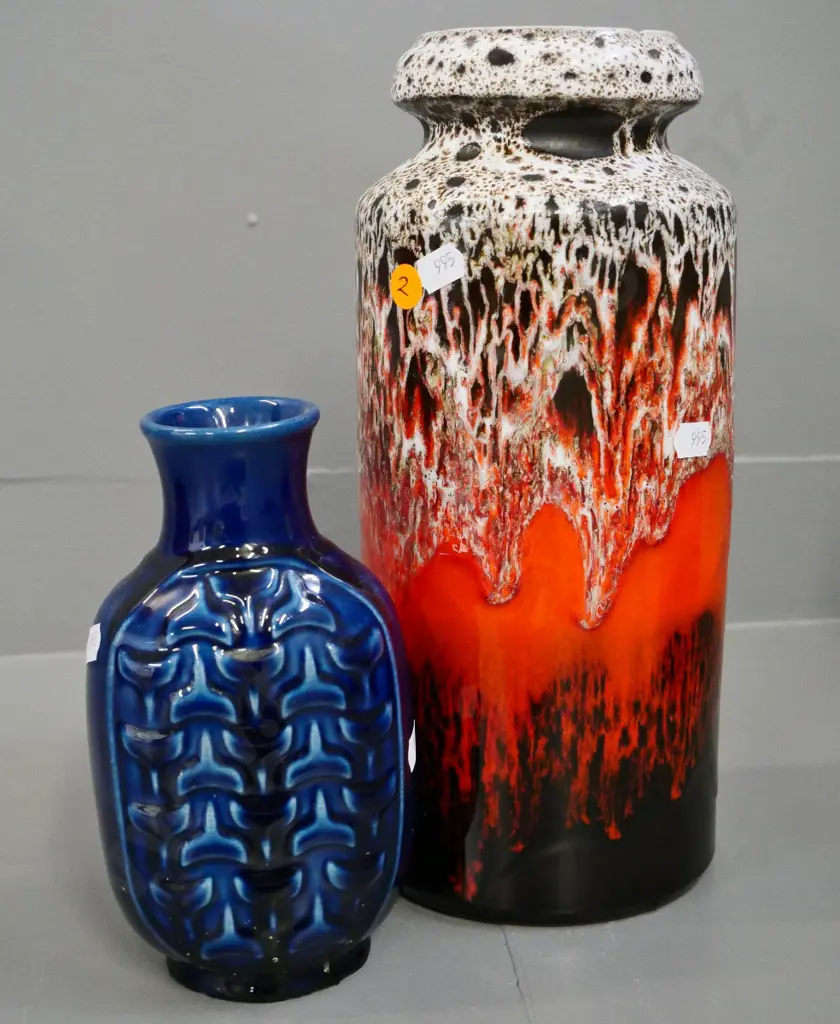 German pottery orange and brown trickle glaze vase H-300 and a raised pattern blue vase Image 1++