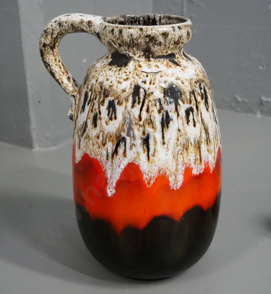 German pottery orange and brown trickle glaze single handled vase H-260 Image 1++