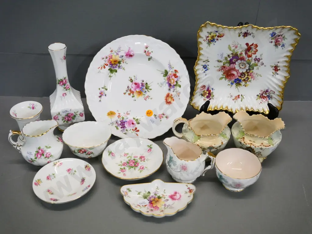 assorted English bone china floral items - Hammersley Lady Patricia dish, 3x cream & sugars, Royal Crown Derby plate etc Image 1++