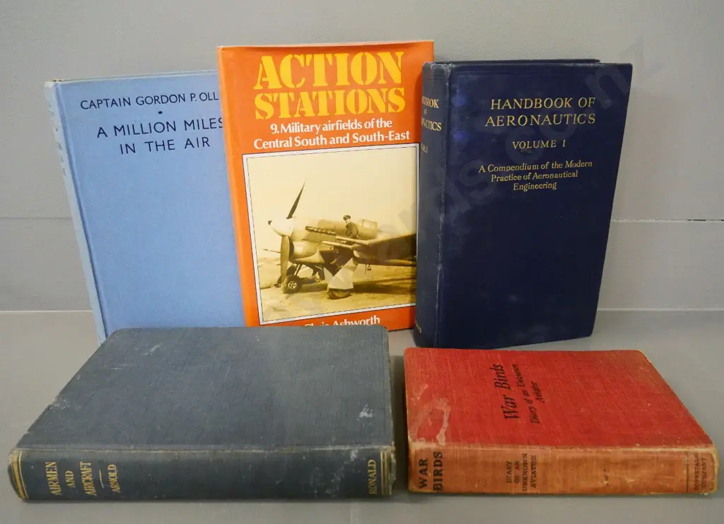 5 vintage aviation books - Handbook of Aeronautics, Action Stations, Diary of an Unknown Aviator, etc. - general wear Image 1++