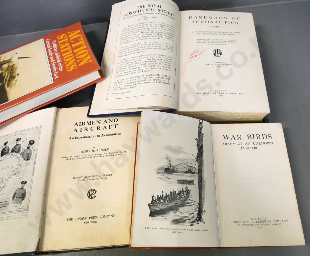 5 vintage aviation books - Handbook of Aeronautics, Action Stations, Diary of an Unknown Aviator, etc. - general wear Image 1++