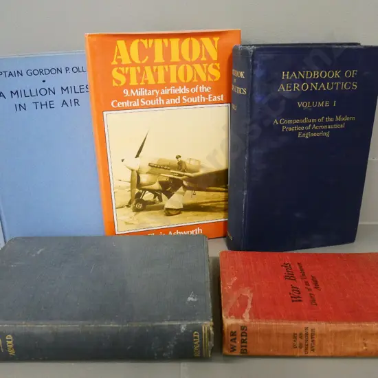 5 vintage aviation books - Handbook of Aeronautics, Action Stations, Diary of an Unknown Aviator, etc. - general wear