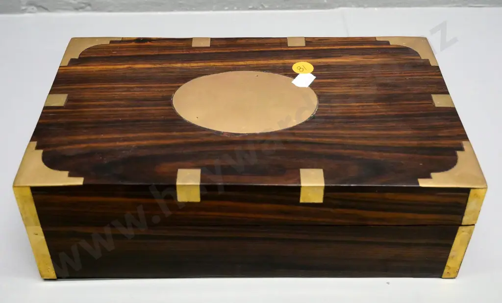hardwood box with brass binding and blank oval top plaque H-80 W-250 D-150 Image 1++