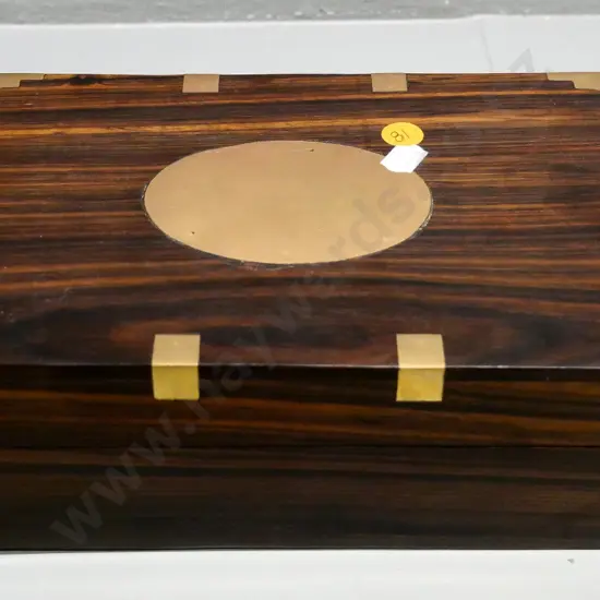 hardwood box with brass binding and blank oval top plaque H-80 W-250 D-150