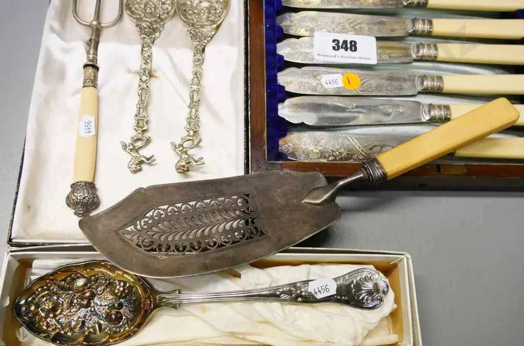bone-handled sterling silver server/slice and plated fish knives & forks set, berry spoon, Italian servers, fork Image 1++