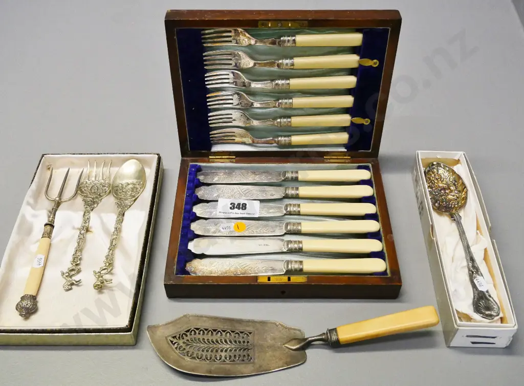 bone-handled sterling silver server/slice and plated fish knives & forks set, berry spoon, Italian servers, fork Image 1++