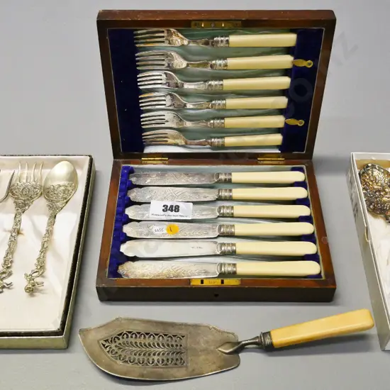 bone-handled sterling silver server/slice and plated fish knives & forks set, berry spoon, Italian servers, fork