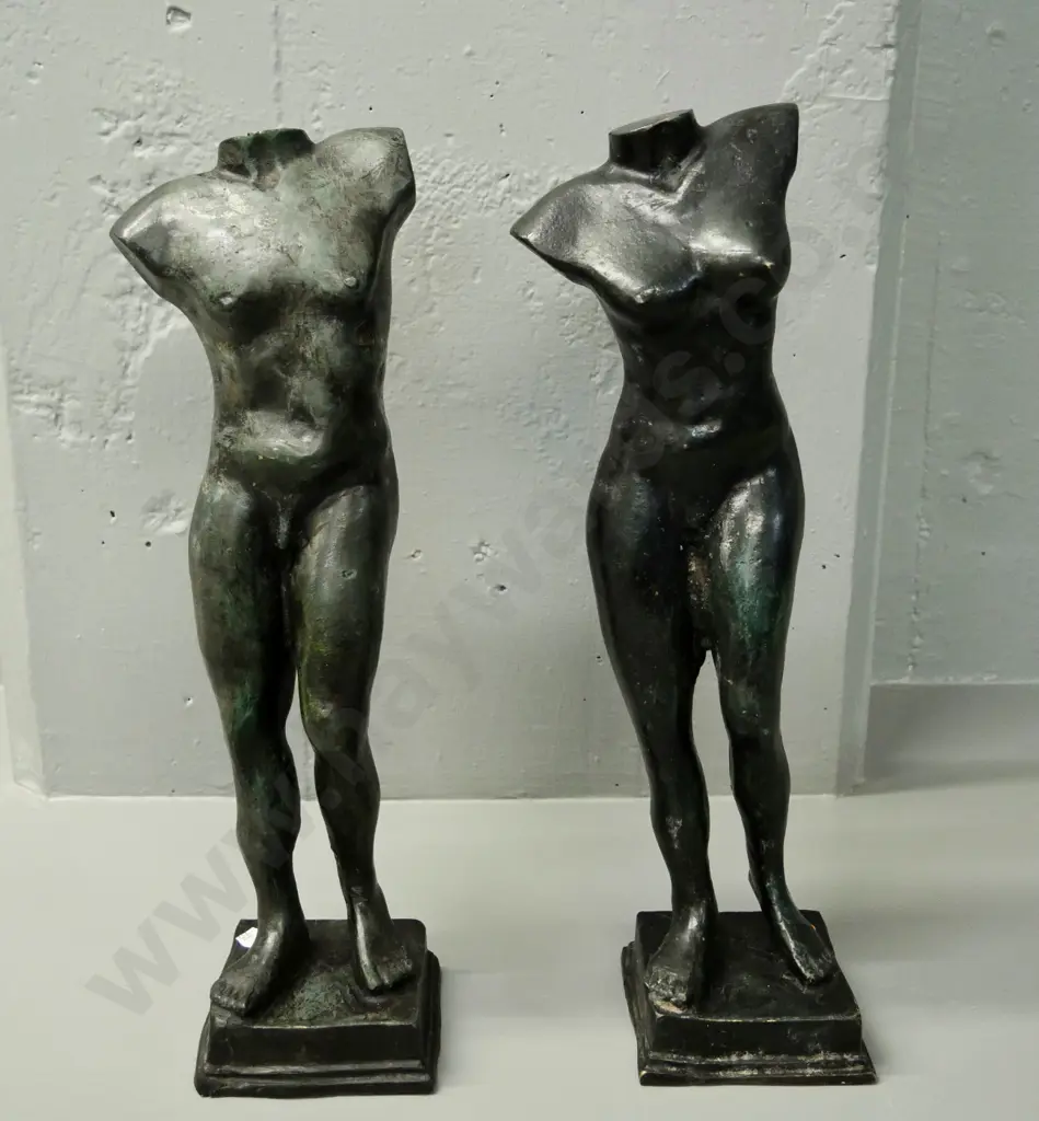 pair of male & female cast metal torso figures - some dents to base of male figure. H-430 Image 1++