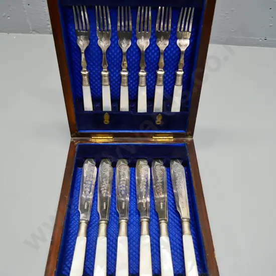wood-cased set of mother-of-pearl-handled engraved EPNS fish forks and knives