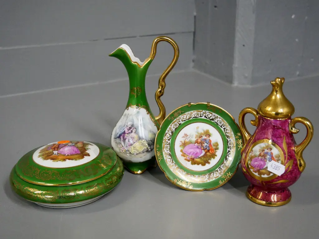 4 pieces of Limoges china - 3 green and 1 red. Green jug is H-170 Image 1++