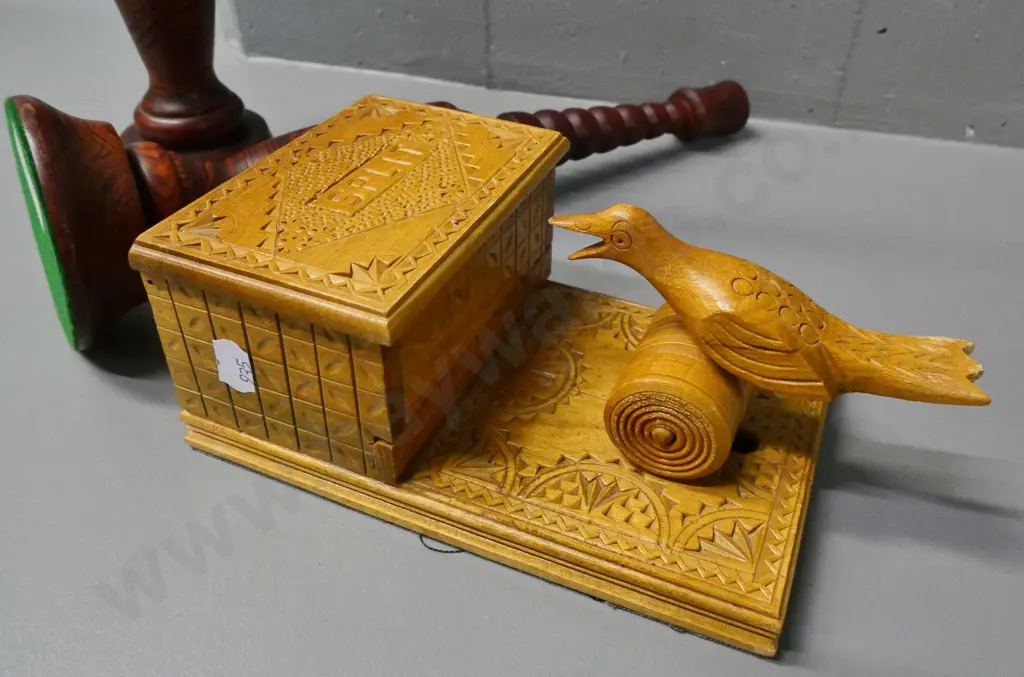 pair of turned wood candlesticks H330 and a souvenir of Split Croatia chip-carved novelty cigarette box Image 1++