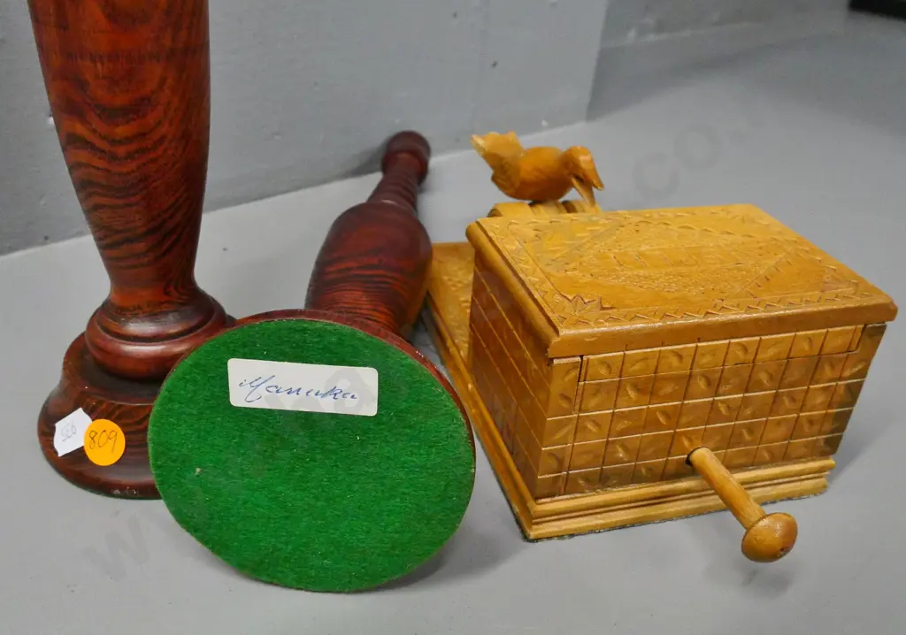pair of turned wood candlesticks H330 and a souvenir of Split Croatia chip-carved novelty cigarette box Image 1++