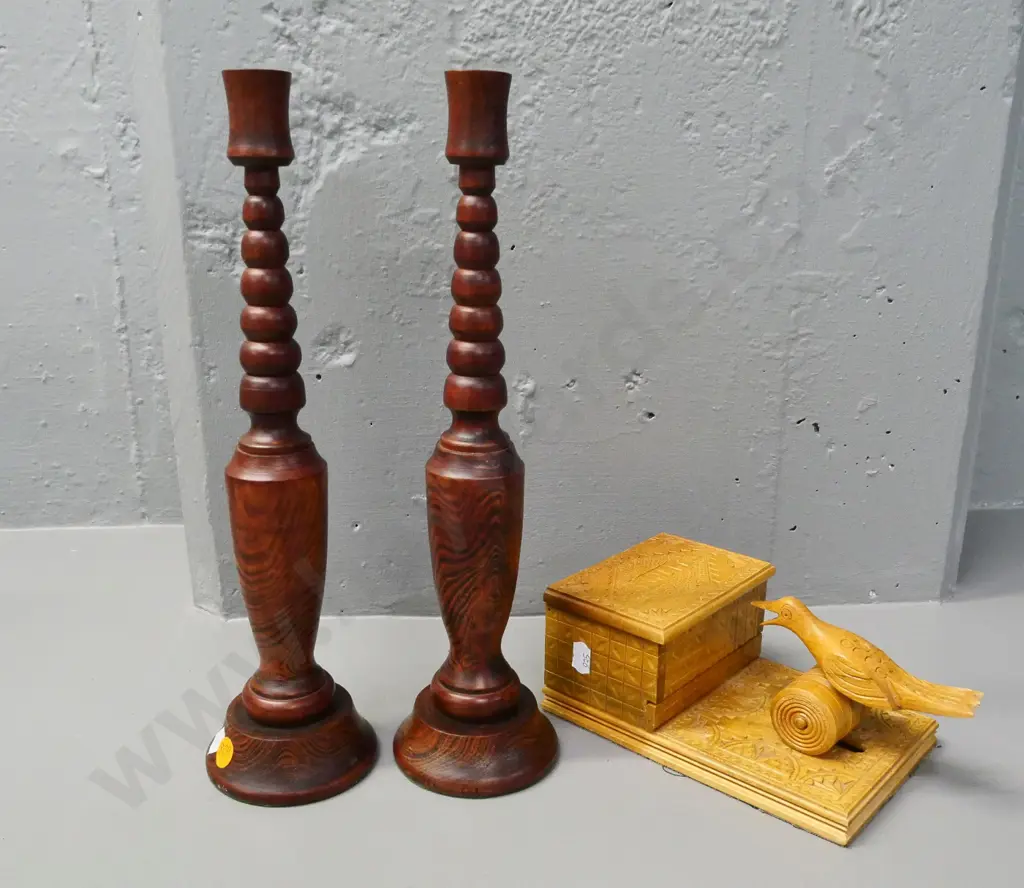 pair of turned wood candlesticks H330 and a souvenir of Split Croatia chip-carved novelty cigarette box Image 1++