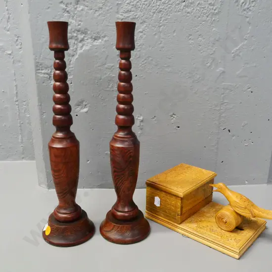 pair of turned wood candlesticks H330 and a souvenir of Split Croatia chip-carved novelty cigarette box