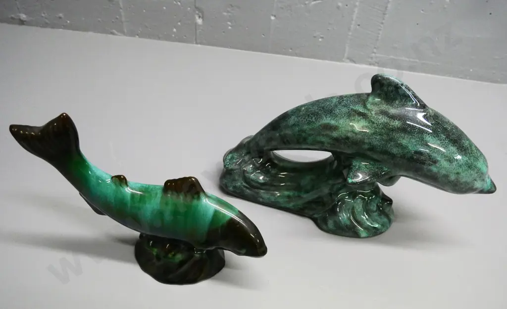 2 Blue mountain pottery figures - dolphin H-210 L-300 and fish Image 1++